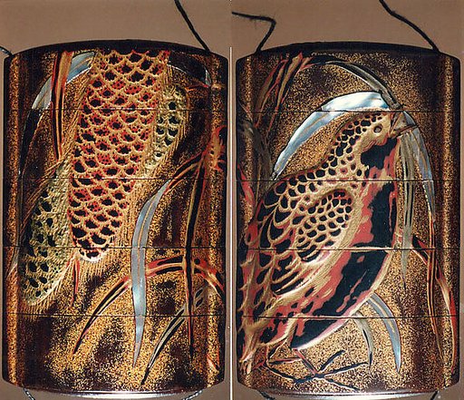 Case (Inrō) with Design of Quail Standing beside Millet Stalks