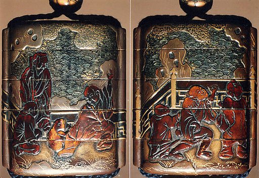 Case (Inrō) with Design of Chinese Persons on a Verandah against Stylized Wave Background