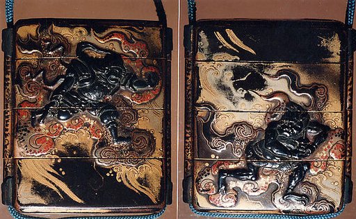 Case (Inrō) with Design of Bishamon (or Idaten) Pursuing an Onî (Demon) on Clouds