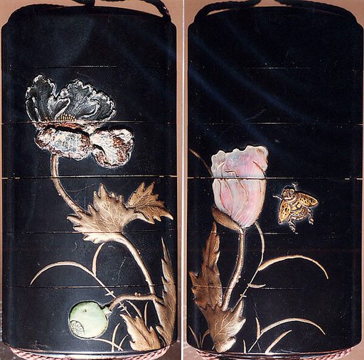 Case (Inrō) with Design of Bee Flying beside Flowering Poppies