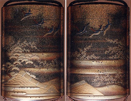 Case (Inrō) with Design of Geese in Flight above Thatched Roofs and Pines