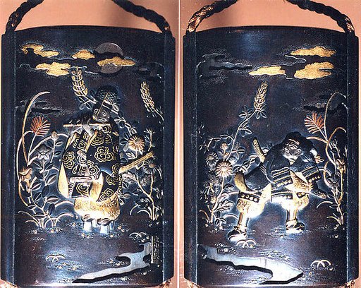 Case (Inrō) with Design of Courtier Playing Flute among Autumn Grasses (obverse); An Assassin (reverse)