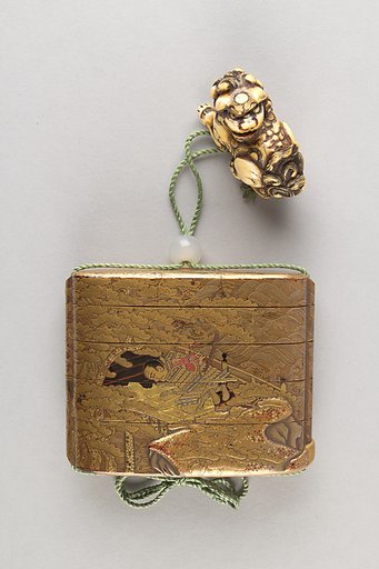 Case (Inrō) with Design of Samurai Kneeling on Bridge among Pines and Waves