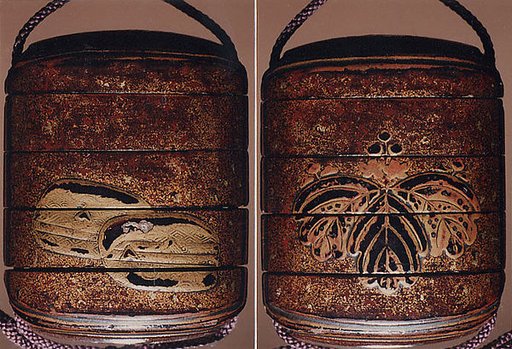 Case (Inrō) with Design of Large Kiri Mon (obverse); Two Brocade Pouches (reverse)