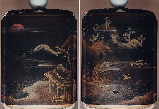 Case (Inrō) with Design of Thatched Hut with Crane, Reeds and Mountains