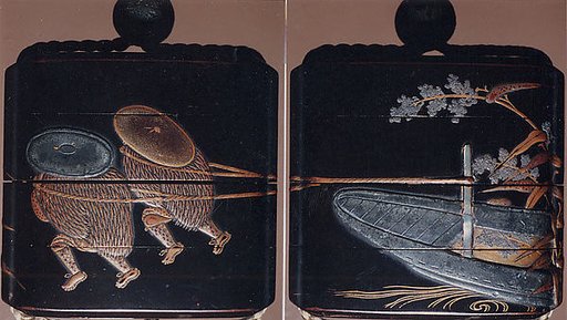 Case (Inrō) with Design of Two Persons with Wide Hats Pulling a Boat (obverse); Boat with Flowering Plants (reverse)