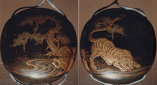 Inrō with Tiger Drinking from a River beside Rocks and Pine Tree