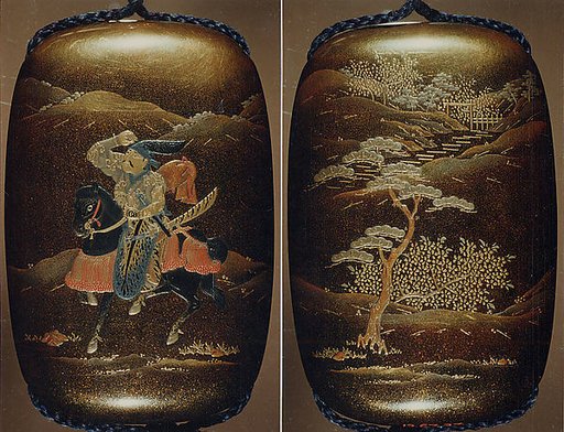 Case (Inrō) with Design of Courtier on Horseback (obverse); Landscape with Trees (reverse)