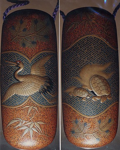 Case (Inrō) with Design of Long-Haired Turtles (obverse);  Stork with Pine  Sprigs (reverse)