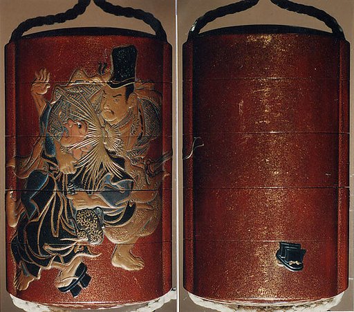Case (Inrō) with Design of Tadamori Fighting with the Oil Thief (obverse); Sandal (Geta) which was Lost during the Fight (reverse)