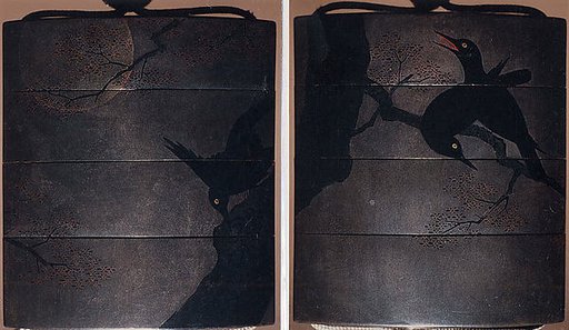 Inrō with Crows on Tree in Moonlight