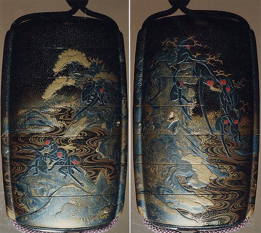 Case (Inrō) with Design of Monkeys Hanging from Trees Above Waves (obverse); Monkeys Seated on Rocks (reverse)