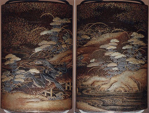 Case (Inrō) with Design of Crows on Bridge beside Autumn Flowers