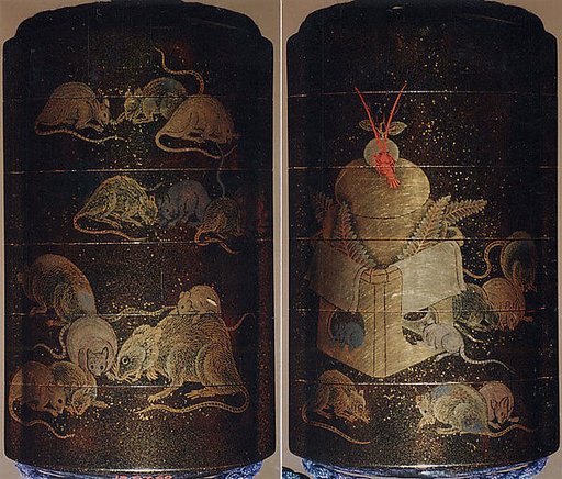 Case (Inrō) with Design of Rats Eating Rice beside New Year Arrangement with Mochi and Crayfish
