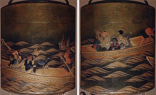 Case (Inrō) with Design of People Riding in Ferryboats
