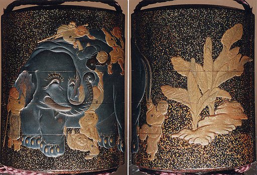 Case (Inrō) with Design of Blind Men Climbing all over Elephant Beside Banana Plants