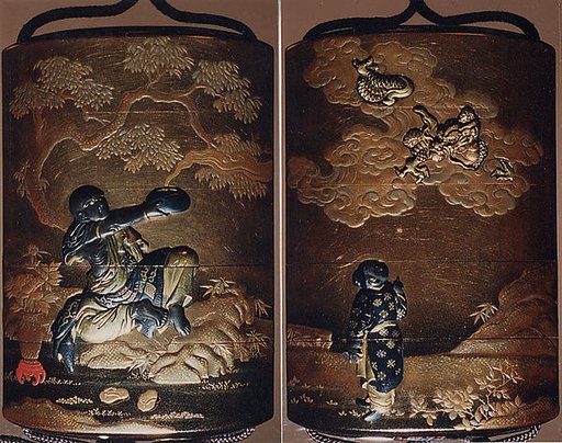 Case (Inrō) with Design of Magician Handaka Sonja Seated beneath Tree (obverse); Karako Pointing at Dragon in Sky (reverse)