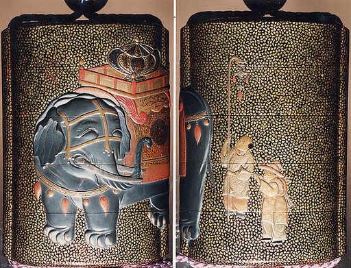 Case (Inrō) with Design of Caparisoned Elephant Standing (obverse); Two Karako with Trumpet, Banner (reverse)