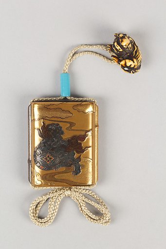 Case (Inrō) with Design of Dog (Shishi) with Brocade Ball
