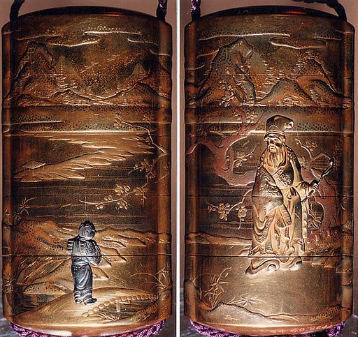 Case (Inrō) with Design of God of Longevity (Jurōjin) beside Flowering Plum Tree (obverse); Karako Walking on Bridge (reverse)