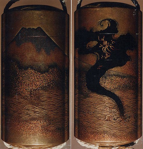 Case (Inrō) with Design of Dragon in Clouds Emerging from Waves before Mount Fuji