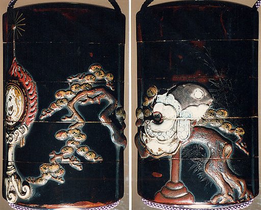Case (Inrō) with Design of Bugaku Dance Hat on Stand beside Pine Tree (obverse); Dance Drum (reverse)