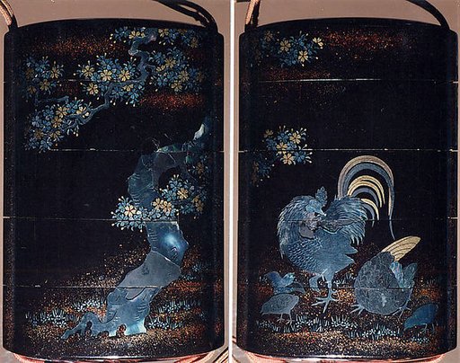 Case (Inrō) with Design of Rooster and Chickens Beneath Flowering Cherry Tree