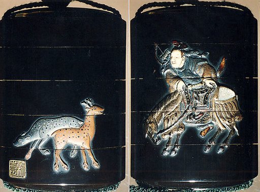 Case (Inrō) with Design of Hunter Dismounting Horse (obverse);  Two Spotted Deer (reverse)