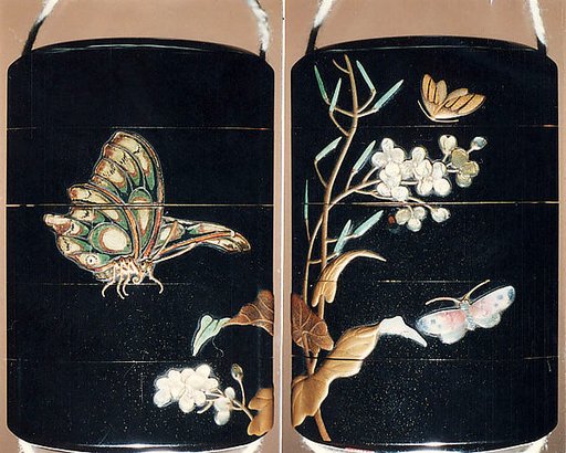 Case (Inrō) with Design of Moth and Butterflies beside Flowering Mustard Plant