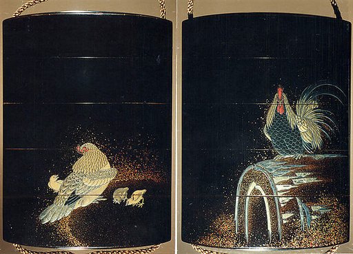 Case (Inrō) with Design of Rooster on Large Drum (obverse); Hen and Chicks (reverse)