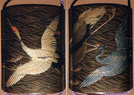 Case (Inrō) with Design of Cranes in Flight over Waves