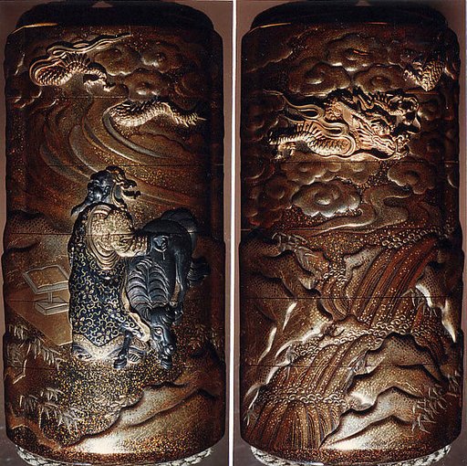 Case (Inrō) with Design of Chinese Sage beside and Ox (obverse); Dragon in Clouds over a Waterfall (reverse)