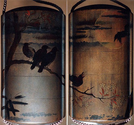 Inrō with Crows on Cherry Tree in Moonlight