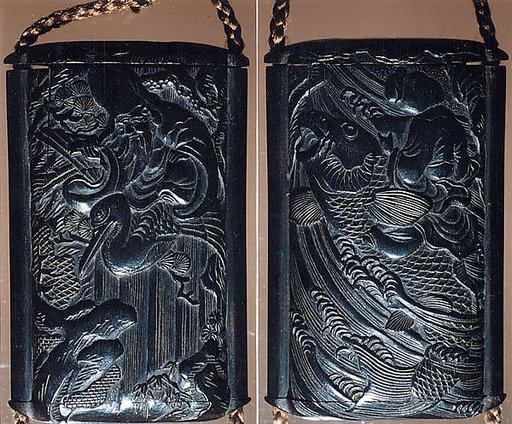 Case (Inrō) with Design of Fukurokuju (God of Longevity) Riding a  Flying Crane before Waterfall (obverse); Kinko Sennin Riding a Carp on Waves (reverse)
