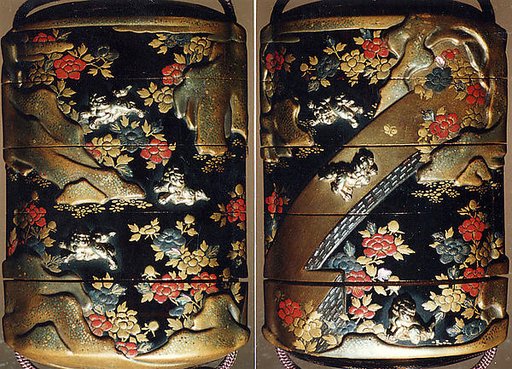 Case (Inrō) with Design of Chinese Lions (Karashishi) with Peonies and on Bridge