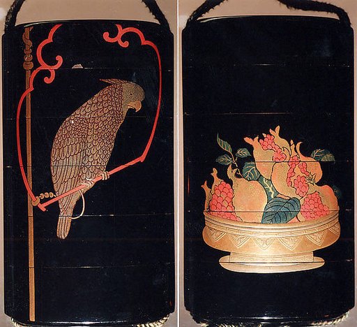 Case (Inrō) with Design of Parrot on Swing (obverse) Basket of Pomegranates (reverse)