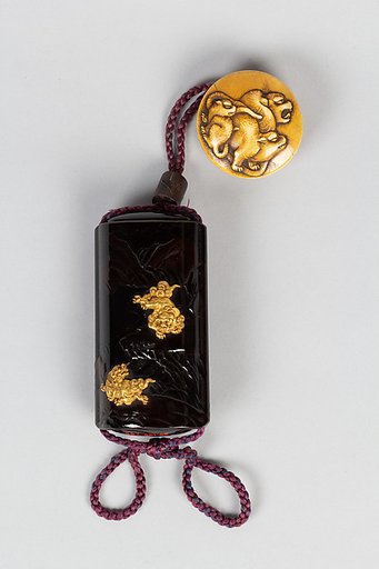 Case (Inrō) with Design of Shishi Dogs beside Rocks and Waterfall