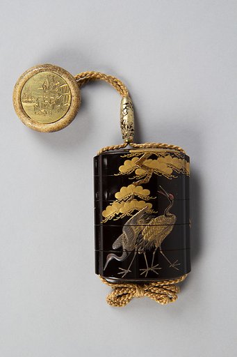 Case (Inrō) with Design of Cranes Standing Beneath a Gnarled Pine Tree and Netsuke Depicting Yoshitsune and Benkei