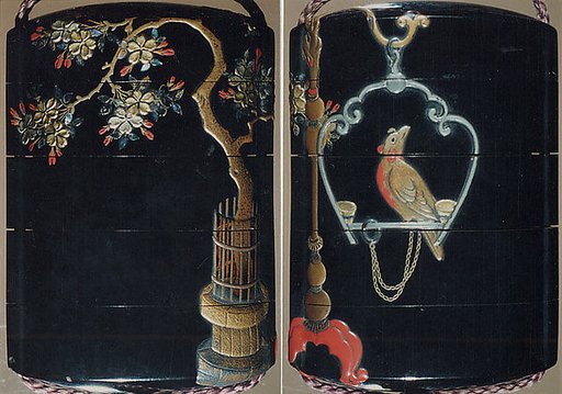 Case (Inrō) with Flowering Cherry Tree (obverse); Parrot in Ornamental Swing (reverse)