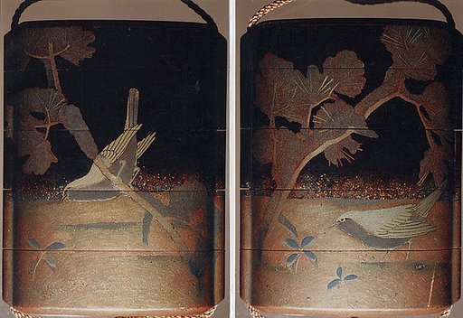 Case (Inrō) with Design of Bird Seated on Snowy Pine Branch (obverse); Bird beside Red Berry Plant (reverse)