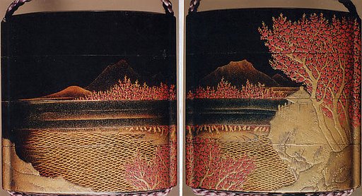 Case (Inrō) with Design of Pavilion on Rocks above Waves, with Flowering Plum Trees