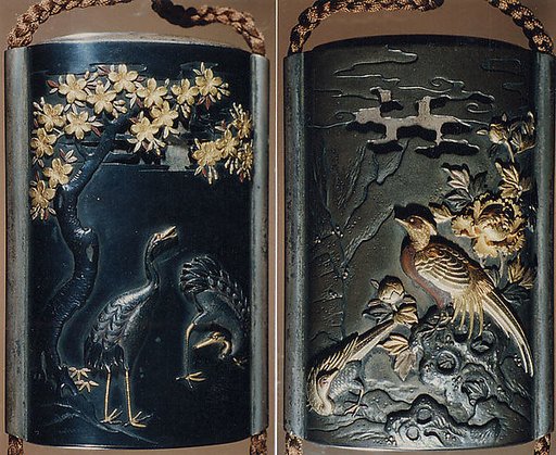 Case (Inrō) with Design of Two Cranes beneath a Flowering Cherry (obverse); Pheasant beside a Peony (reverse)