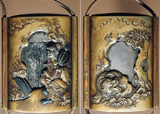 Case (Inrō) with Design of Sage beside a Waterfall (obverse); Tiger beside Rocks and Maple Tree (reverse)