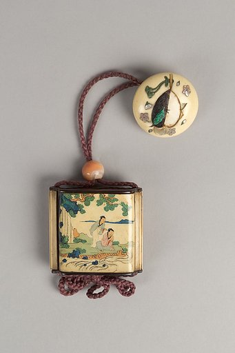 Case (Inrō) with Design of Woman in Building Looking at a Stag (obverse); Two Men By a River with Rocks and Waterfall (reverse)