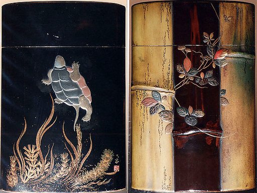 Case (Inrō) with Design of Tortoise Swimming above Water Weeds (obverse);  Bamboo stems, Vines (reverse)