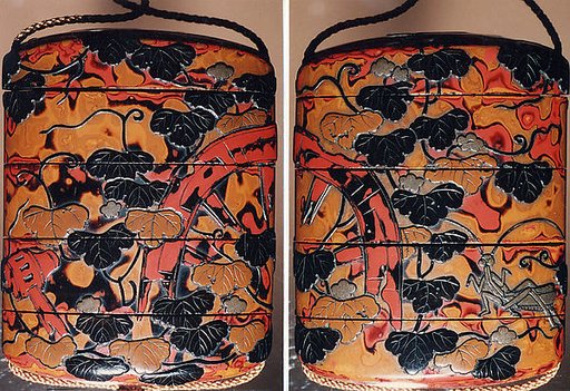 Case (Inrō) with Design of Praying Mantis beside Broken Wheel Overgrown with Vines