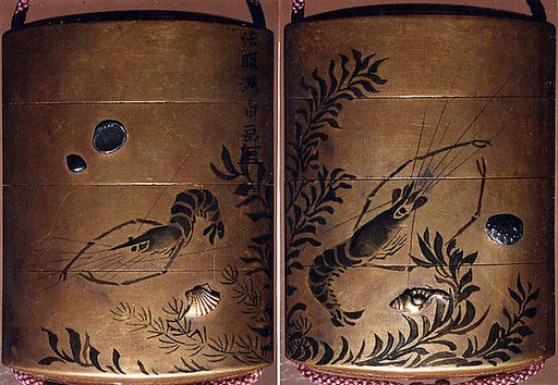 Case (Inrō) with Design of Crawfish and Scattered Shells beside Water Weeds and Plants