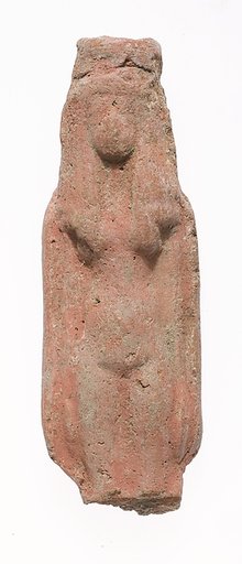 Standing female figurine square headdress, missing most of her legs