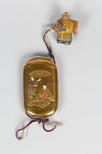 Case (Inrō) with Design of Seated Courtier beneath Umbrella (obverse) Noh Dancer (reverse)