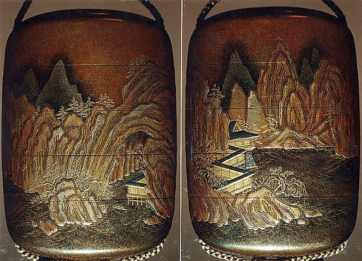 Case (Inrō) with Design of Chinese-Style Mountain Landscape with Buildings beside Rocks